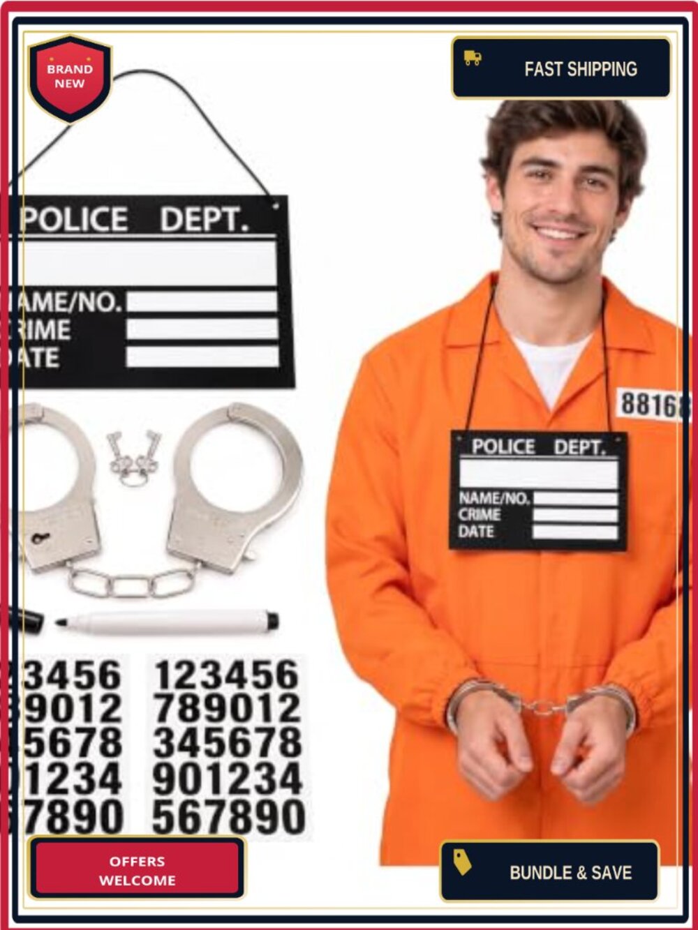 Prisoner Costume Accessory Set Handcuff ID Card Halloween Criminal Outfit